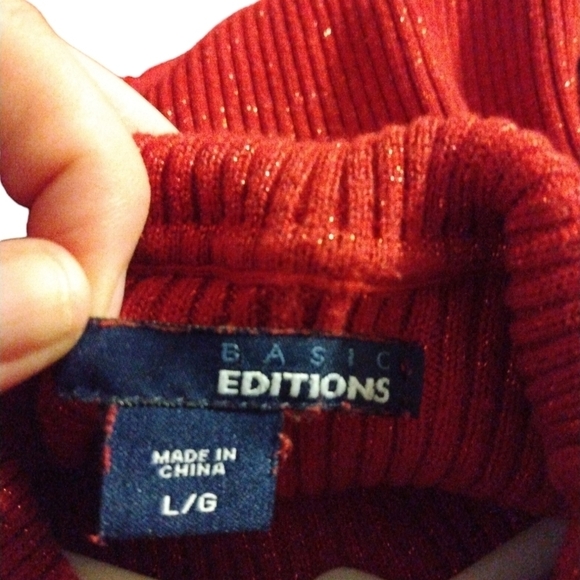 Red Shimmer Turtleneck Ribbed Basic Editions Long Slve Sweater Holiday Festive L - Picture 4 of 9